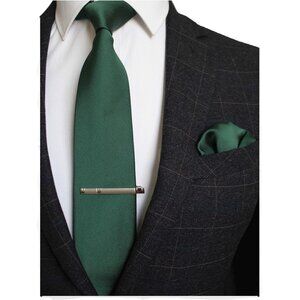 Men's Dark Green Colour Formal Necktie and Pocket Square Tie Clip Sets